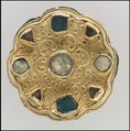 Disk Brooch, Gold; green and clear glass; mother-of-pearl; side gold, copper, Frankish