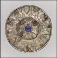 Disk Brooch, Silver-gilt, glass, pearl, Gilded silver with filigree and glass inlays, Frankish