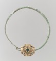 Earring, Gold, green and clear glass, pearls(?); hoop copper alloy or base silver, Frankish