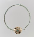 Earring, Gold, green and clear glass, pearls(?); hoop copper alloy or base silver, Frankish