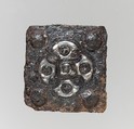 Belt Plate, Iron with silver overlay/ inlay; iron rivets with silver inlay in head, Frankish or Burgundian
