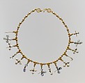 Necklace with Pendant Crosses, Gold, pearl sapphire, smokey quartz, quartz, Byzantine