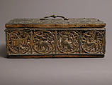 Box, Lead, gilding, wood, gesso, copper alloy handle and lock plate, traces of red textile, German