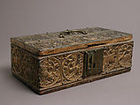 Box, Lead, gilding, wood, gesso, copper alloy handle and lock plate, traces of red textile, German