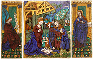 Three plaques from a triptych with the Adoration of the Shepherds, Flanked by the Angel Gabriel and the Virgin Annunciate, Workshop of Master of the Triptych of Louis XII (ca. 1490–ca. 1515), Painted enamel, copper, French