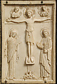 Panel with Byzantine Ivory Carving of the Crucifixion, Silver-gilt with pseudo-filigree, glass, crystal, and sapphire cabochons, ivory on wood support, Byzantine (ivory); Spanish (setting)