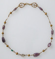 Gold Necklace with Amethysts, Glass, and Gold Beads, Gold, amethyst, (colored glass or rock crystal and emerald) beads, Byzantine