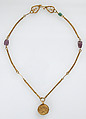 Gold Necklace with Gold Cross, Two Amethysts, and an Emerald Plasma, Gold, amethyst, emerald plasma, Byzantine