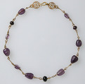 Gold Necklace with Amethysts, Glass Beads, and a Pearl, Gold, amethyst, glass, pearls, Byzantine