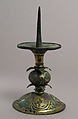 Pricket Candlestick with Birds, Vines, and Leaves, Champlevé enamel, copper-gilt, German