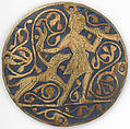 Medallion with Varlet with Horn and Hound, Copper: engraved and gilt; champlevé enamel: medium and light blue and white, French