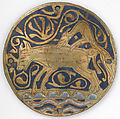 Medallion with Hunting Dog Attacking Boar Crossing Water, Copper: engraved and gilt; champlevé enamel: medium and light blue and white, French
