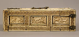 Casket with Erotes and Animals, Bone plaques and ornamental strips over wooden casket with silk lining; copper handle, clasps, lock plate, and nails, Italian or Byzantine