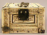 Casket with Erotes and Animals, Bone plaques and ornamental strips over wooden casket with silk lining; copper handle, clasps, lock plate, and nails, Italian or Byzantine