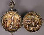 Rosary Bead with the Crucifixion and Resurrection, Ivory, polychromy, silver-gilt mount, Spanish