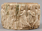 Circular Box (Pyxis) with the Miracle of Christ’s Multiplication of the Loaves, Elephant ivory with polychromy, Byzantine