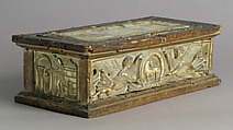Portable Altar and Two Side Panels, Ivory, shell gold, wood box, stone inset on lid, European
