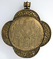 Quatrefoil Mount for a Medieval Ivory of the Crucifixion, Silver-gilt, champlevé enamel, glass and stone cabochon mount, European