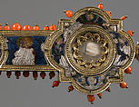 Reliquary Cross, Translucent enamel, silver, silver-gilt, coral, glass, rock-crystal, gold leaf, Italian