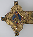 Cross, Gilt copper, champlevé enamel, glass and stone cabochons, Italian