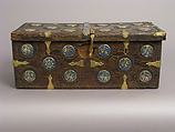 Coffret, Copper: engraved, stippled, and gilt; champlevé enamel: dark, medium, and light blue; green, yellow, red, and white; wood core with applied parchment, gesso; traces of red paint., French