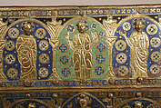 Chasse with Christ in Majesty and Apostles, Copper: engraved, chiseled, stippled, gilt; champlevé enamel: blue-black, dark, medium, and light blue; turquoise, green, yellow, red, translucent red, and white, French