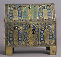 Chasse with Christ in Majesty and Apostles, Copper: engraved, chiseled, stippled, gilt; champlevé enamel: blue-black, dark, medium, and light blue; turquoise, green, yellow, red, translucent red, and white, French