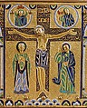 Chasse with the Crucifixion and Christ in Majesty, Copper: engraved, chiseled, stippled, and gilt; champlevé enamel: dark, medium, and light blue; turquoise, dark and light green, yellow, red, and white; wood core, painted red on exterior, French