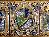 Chasse with the Crucifixion and Christ in Majesty, Copper: engraved, chiseled, stippled, and gilt; champlevé enamel: dark, medium, and light blue; turquoise, dark and light green, yellow, red, and white; wood core, painted red on exterior, French