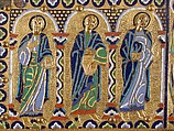 Chasse with the Crucifixion and Christ in Majesty, Copper: engraved, chiseled, stippled, and gilt; champlevé enamel: dark, medium, and light blue; turquoise, dark and light green, yellow, red, and white; wood core, painted red on exterior, French