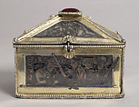 Reliquary Casket with Scenes from the Martyrdom of Saint Thomas Becket, Gilded silver with niello and a glass cabochon set over a tinted foil, British