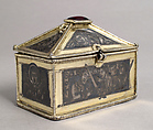 Reliquary Casket with Scenes from the Martyrdom of Saint Thomas Becket, Gilded silver with niello and a glass cabochon set over a tinted foil, British
