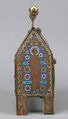 Chasse, Copper-gilt and champlevé enamel. Front: eight repoussé figures applied and gilt; each end: figure chased and gilt; black: blue ground, intersecting turquoise bands, fleurons in bright colors; crest and feet chased and gilt., French