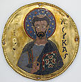 Medallion with Saint Luke from an Icon Frame, Gold, silver, and enamel worked in cloisonné, Byzantine