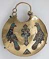 One of a Pair of Temple Pendants, with Two Birds Flanking a Tree of Life (front) and Leaf and Rosette Motifs (back), Cloisonné enamel, gold, Kyivan Rus’