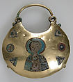 One of a Pair of Temple Pendants, with Busts of Male Saints Holding Martyr's Cross (front) and Leaf and Rosette Motifs (back), Cloisonné enamel, gold, Kyivan Rus’