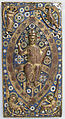 Book Cover Plaque with Christ in Majesty, Copper (plaque): engraved, scraped, stippled, and gilt; (appliqués): repoussé, engraved, chased, and gilt; champlevé enamel: blue-black, dark, medium, and light blue; green, yellow, red, brownish red, and white, blue-black glass inset eyes., French