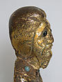 Appliqué Figure, Copper: repoussé, chased, engraved, scraped, stippled, gilt; blue-black and turquoise glass beads, French