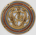 Medallion from a Coffret, Copper: pierced, repoussé, chased, engraved, scraped, stamped, and gilt; champlevé enamel: medium blue and red., French