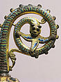 Head of a Crozier with a Serpent Devouring a Flower, Copper: formed, engraved, chased, scraped, stippled, and gilt; champlevé enamel: medium and light blue, light green, yellow, red, and white; glass cabochons, French