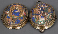 Two Medallions, Elephant ivory, polychromy & gilding, (later mount: gilt silver and glass), French