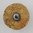 Disk Brooch, Copper alloy, gold foil, glass paste, remnants of iron pin, European