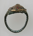 Finger Ring, Copper alloy band?, silver bezel coated with gold, garnet or glass paste, Frankish