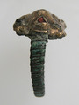 Finger Ring, Copper alloy band?, silver bezel coated with gold, garnet or glass paste, Frankish