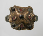 Finger Ring, Copper alloy band?, silver bezel coated with gold, garnet or glass paste, Frankish