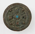 Disk Brooch, Copper alloy, glass paste, remnants of iron pin, Frankish
