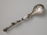 Spoon with a Panther, Copper alloy, silvered, niello, Roman