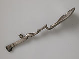 Spoon with a Panther, Copper alloy, silvered, niello, Roman