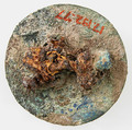 Disk Brooch, Copper alloy, gold,  glass paste cabochon, garnet, iron pin, Frankish