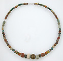 Beaded Necklace, Glass, amber, glazed earthenware (faience), silver ring, copper alloy rings, Frankish